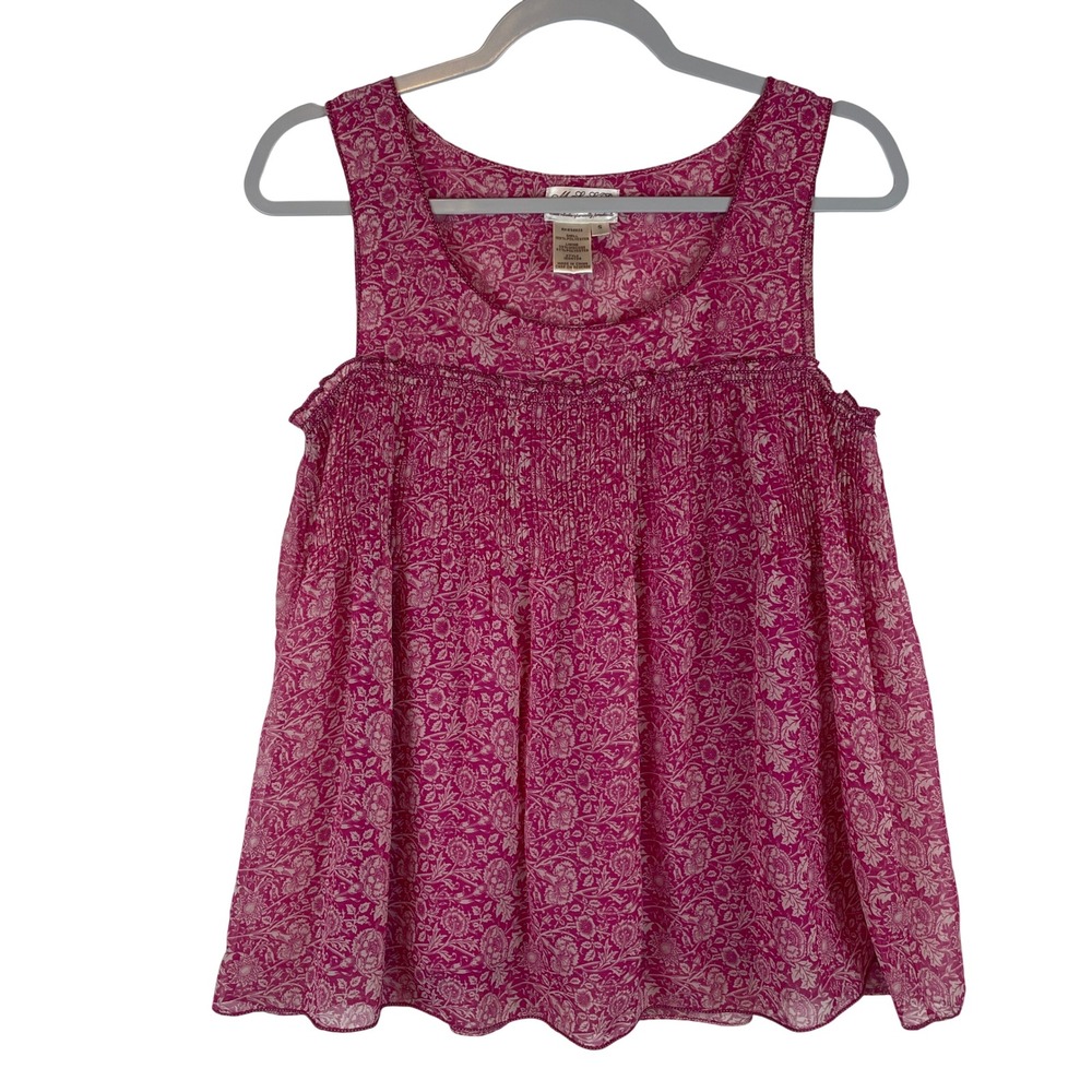 MSSP Max Studio Magenta Pink Floral Smocked Sleeveless Babydoll Top Small